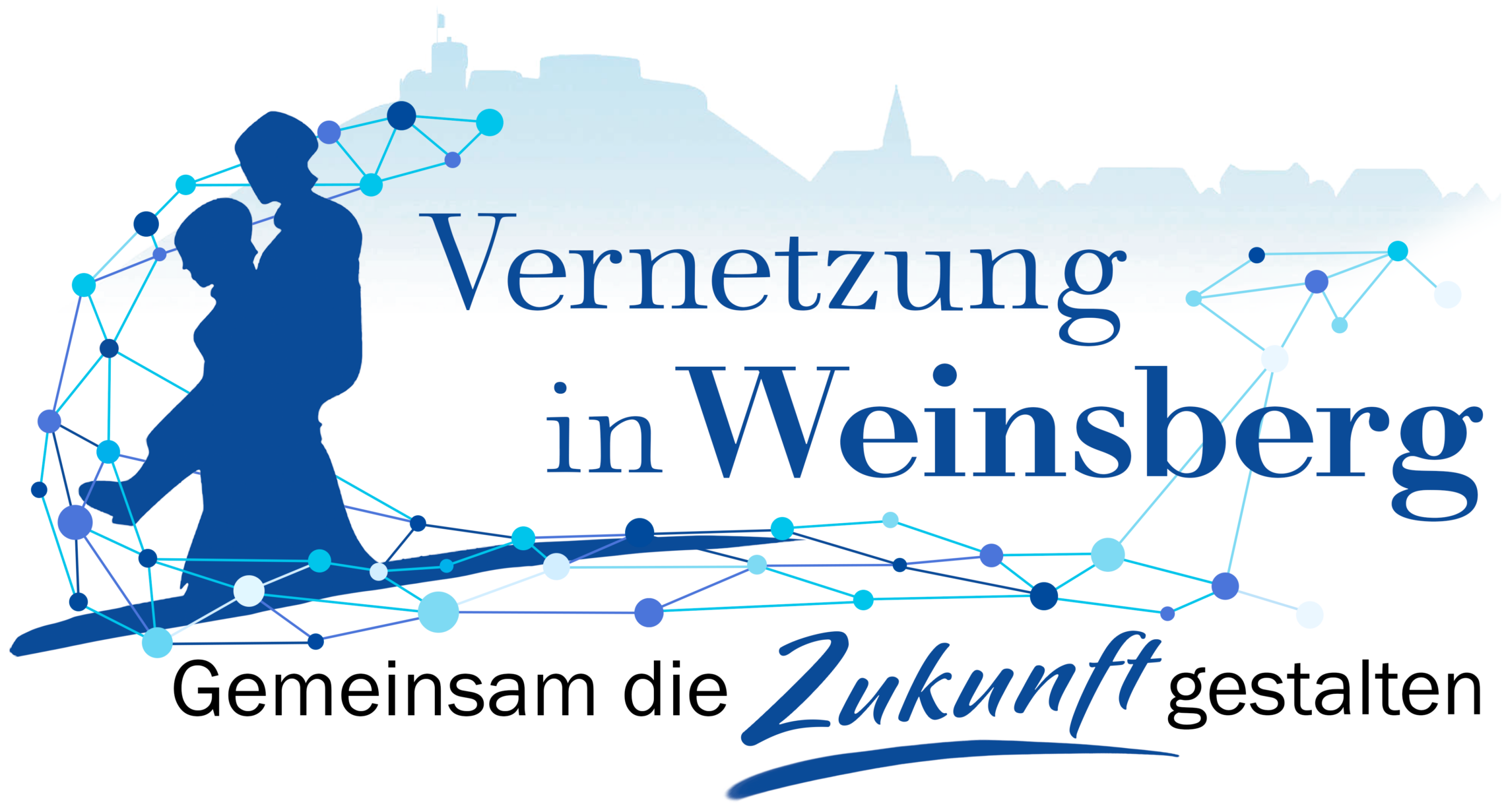 Logo „Vernetzung in Weinsberg“: Silhouette eines Erwachsenen mit Kind vor einer stilisierten Stadtsilhouette, verbunden durch ein Netzwerk aus Punkten und Linien. Daneben der Schriftzug „Vernetzung in Weinsberg“. Darunter der Slogan „Gemeinsam die Zukunft gestalten“, wobei „Zukunft“ hervorgehoben ist.