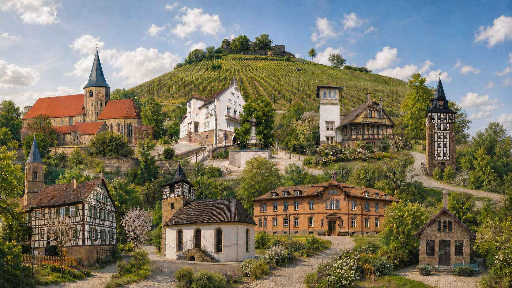 Fiktive Weinsberger Landschaft unterhalb der Burgruine Weibertreu mit Weinbergen, Rathaus, Johanneskirche, Kernerhaus, Kirchen Gellmersbach und Wimmental, Backhaus Grantschen, Verwaltungsgebäude am Weißenhof und Wachturm.